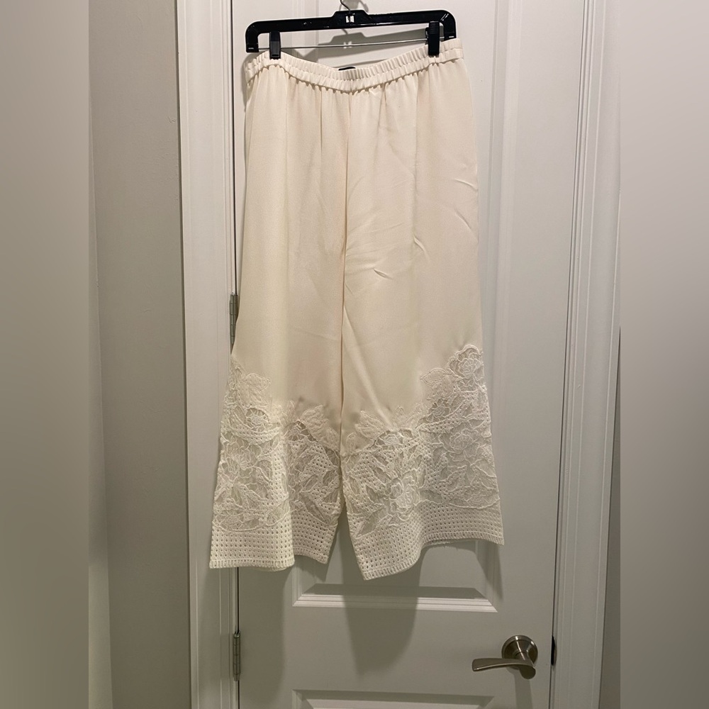 Kobi Halperin Cream Silk & Lace Bottom Pants SZ L Elastic Waist Tiny Stain Pic